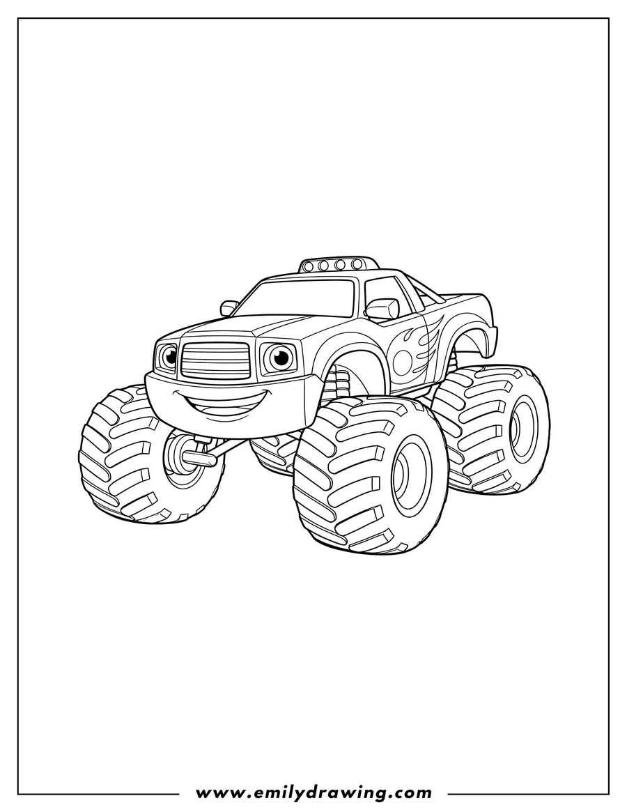Doodle style coloring picture of cute Blaze monster truck smiling, with big tires, to color