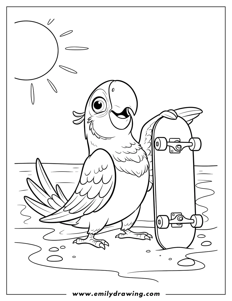Free to print drawing of blu parrot posing and looking up next to an upright skateboard at the beach