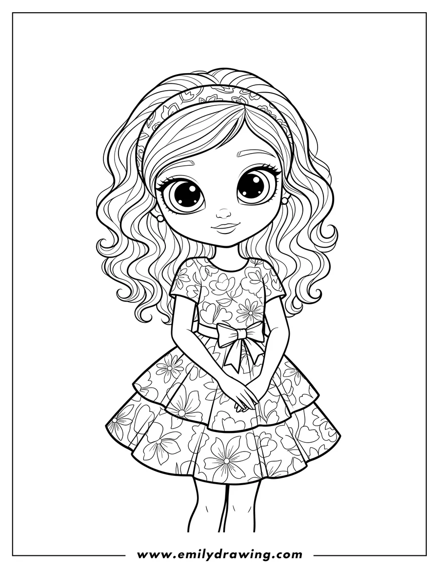 Vector style outline of cute Blythe Baxter with big eyes, wearing a dress
