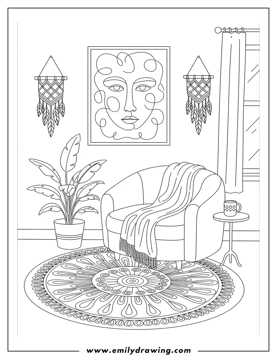 Linear illustration of boho House Interior Aesthetic with abstract face art and an armchair