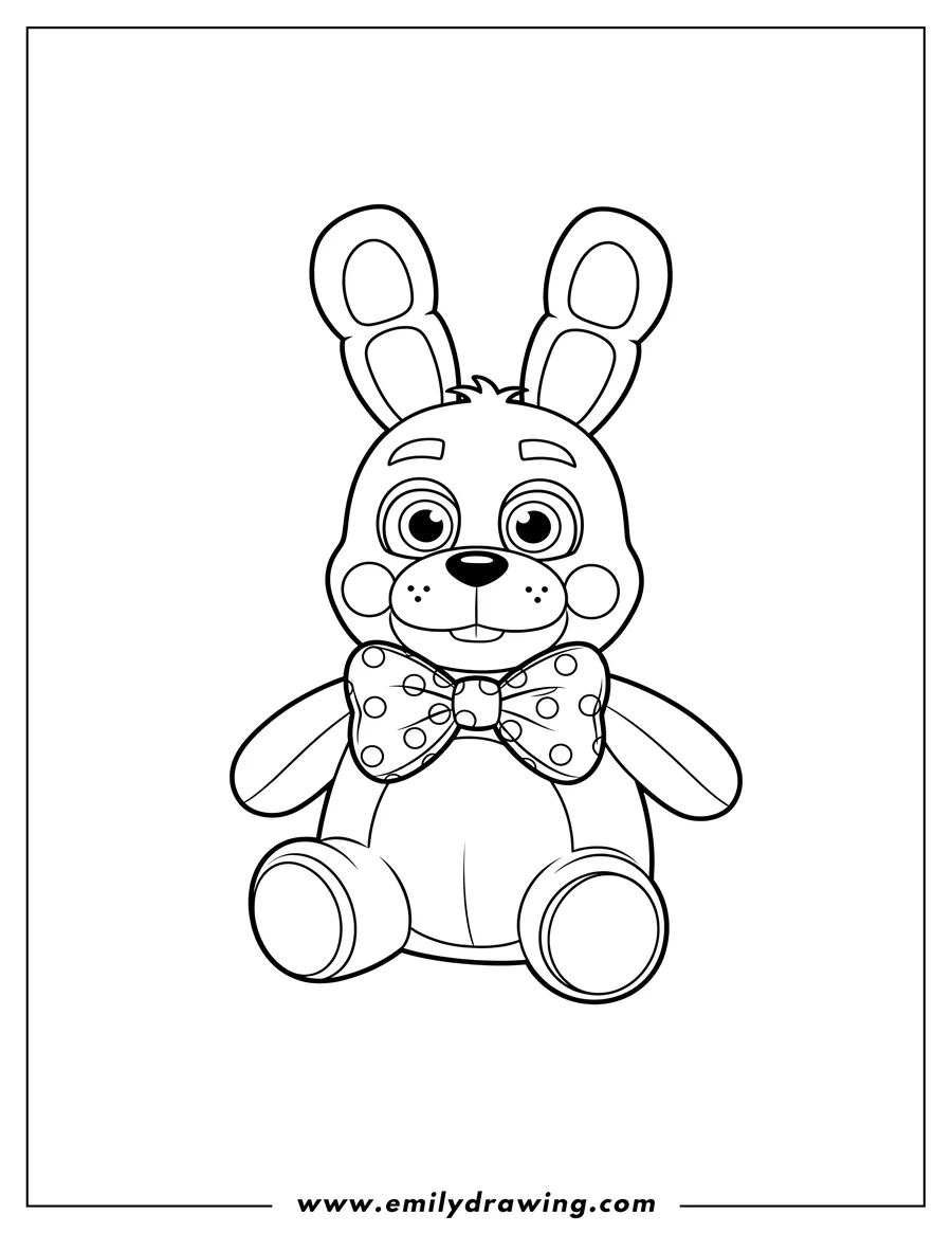 Printable coloring page of cute Bonnie plush toy sitting with a bow tie