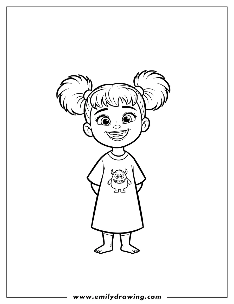 Clean line drawing: cute Boo from Monsters Inc, smiling, with pigtails, standing with hands behind her back