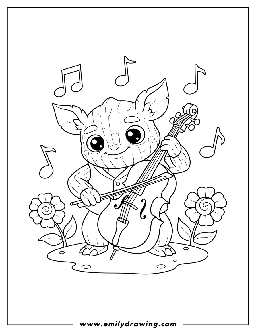 Coloring page of cute Bowgart From My Singing Monsters playing a stringed instrument with a bow