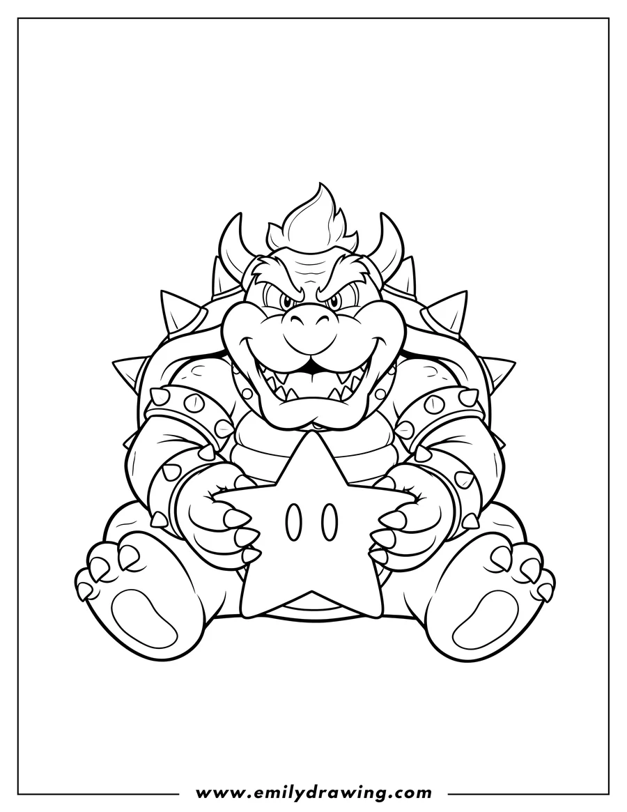 Full page coloring image of bowser sitting with a mischievous smile, holding a Super Star