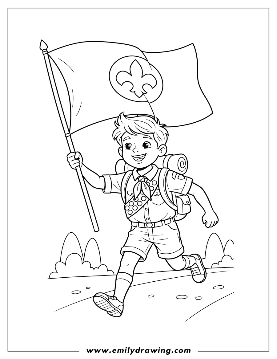 Simple sketch of boy Scout Russel Running, holding a flag, wearing a backpack and a badge sash to color