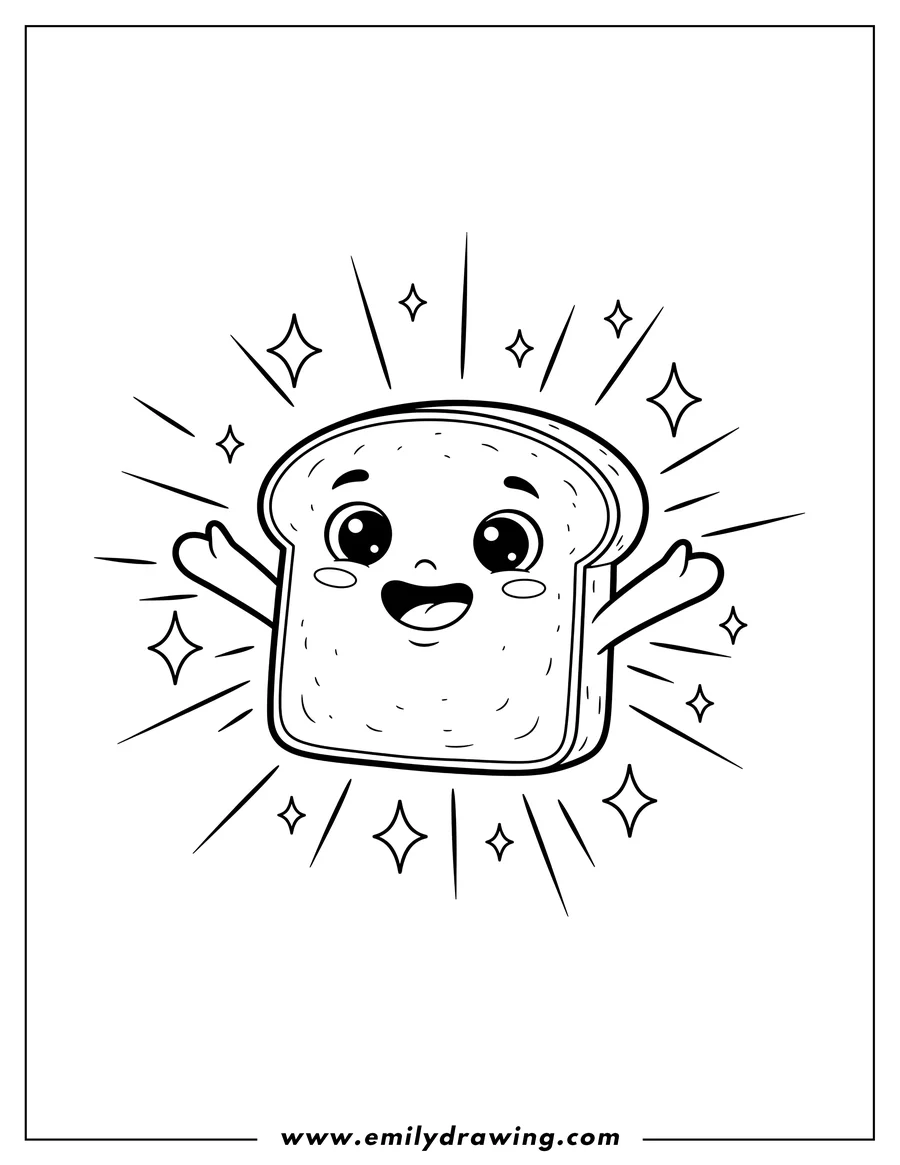 Outline drawing of cute Bread Slice smiling happily with arms out and sparkles