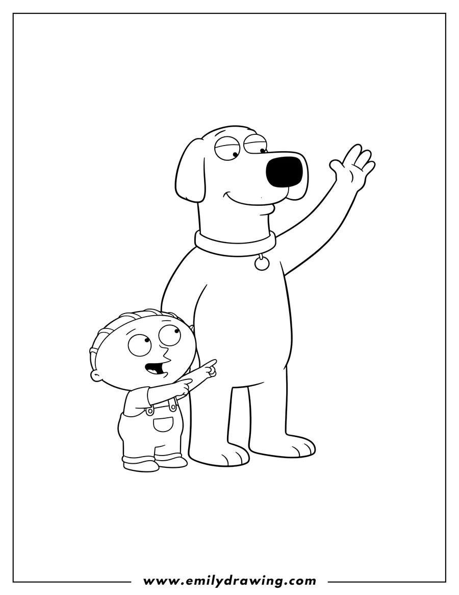 Vector style outline of brian is standing with his paw raised, and Stewie is looking up and pointing