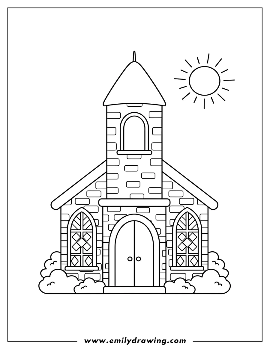 Printable coloring page of cute Brick Church With Tower, arched door, stained glass windows, and bushes