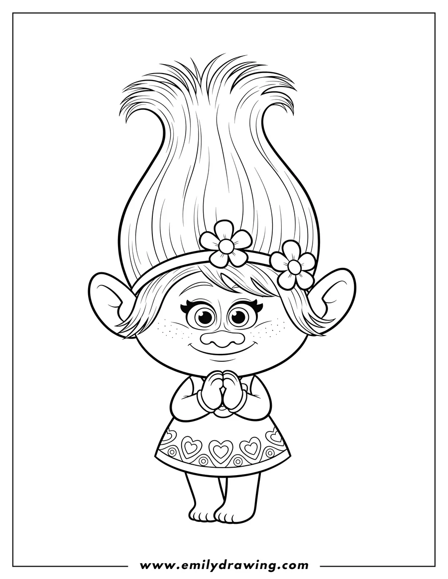 Coloring page for kids: cute Bridget Troll with clasped hands and a sweet expression