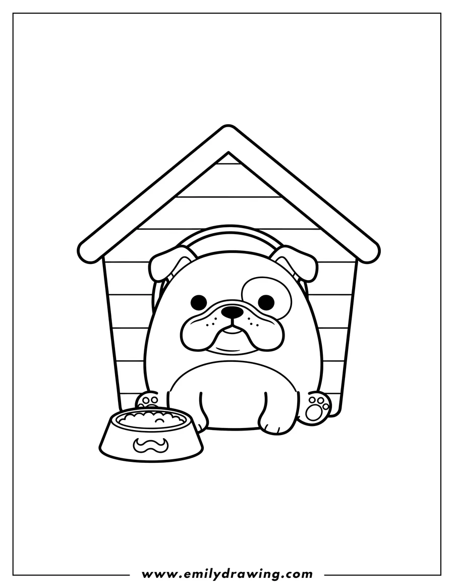 Coloring page of brock Bulldog Squishmallow with food bowl in doghouse
