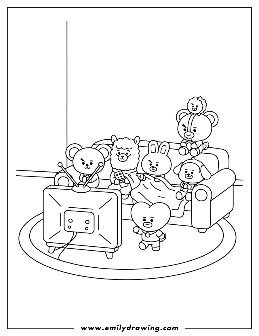 Printable line art of cute BT21 characters gathered, watching television