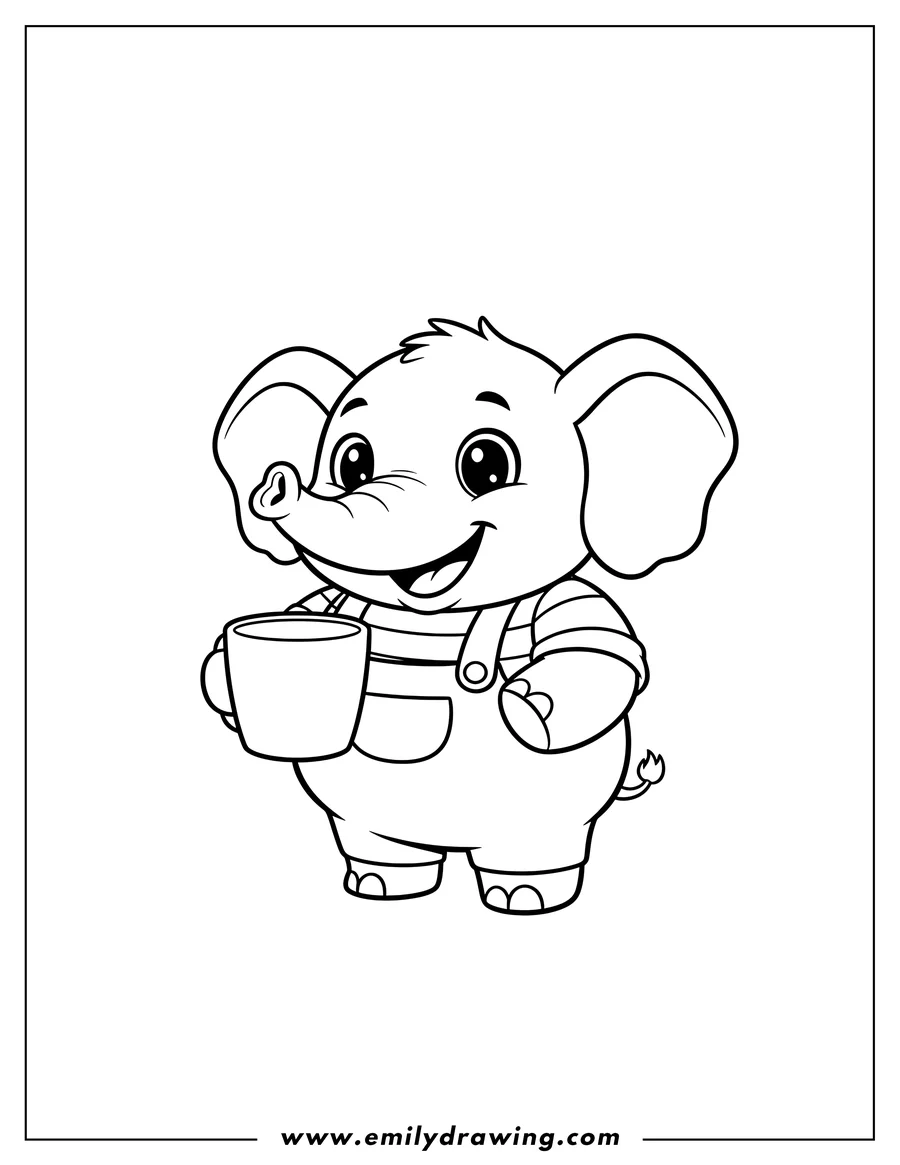 Free printable coloring sheet of bubba Bubbaphant Smiling Critters smiling happily and holding a cup