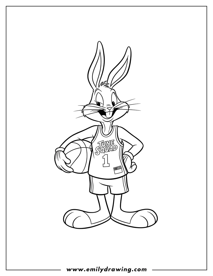 Doodle style coloring picture of cute Bugs Bunny in a Tune Squad jersey, holding a basketball, with his hand on his hip
