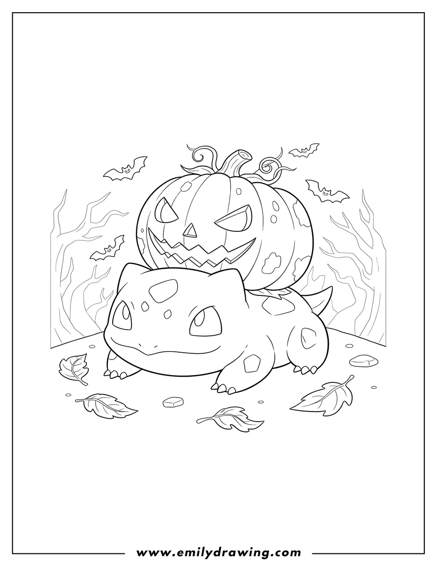Coloring sheet featuring cute Bulbasaur lying down with a scary carved Jack O' Lantern on its back, Halloween Pokemon