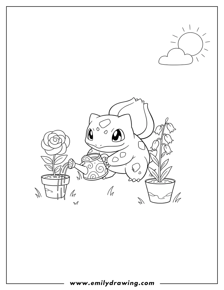 Outline drawing of bulbasaur watering two potted flowers with a watering can