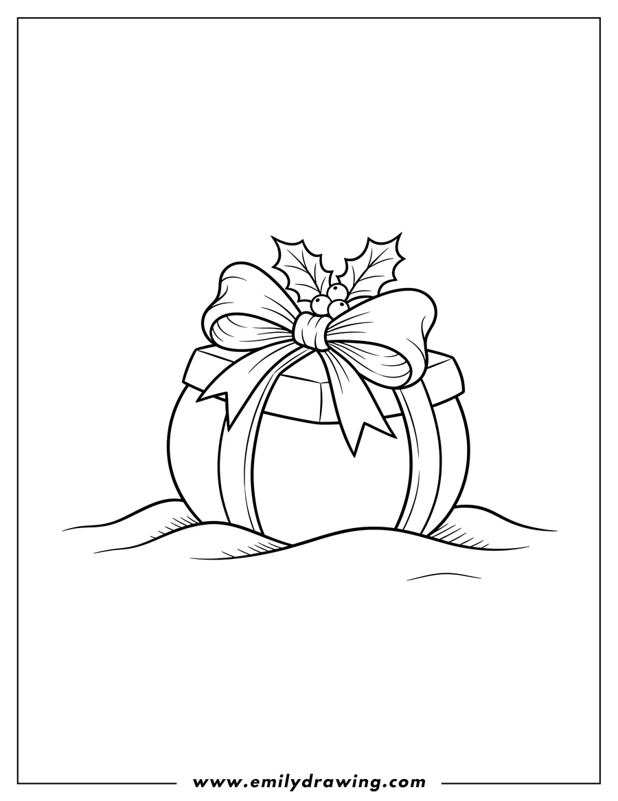 Free to print drawing of bulging Christmas Present to Color, with a large bow and holly leaves, sitting on snow
