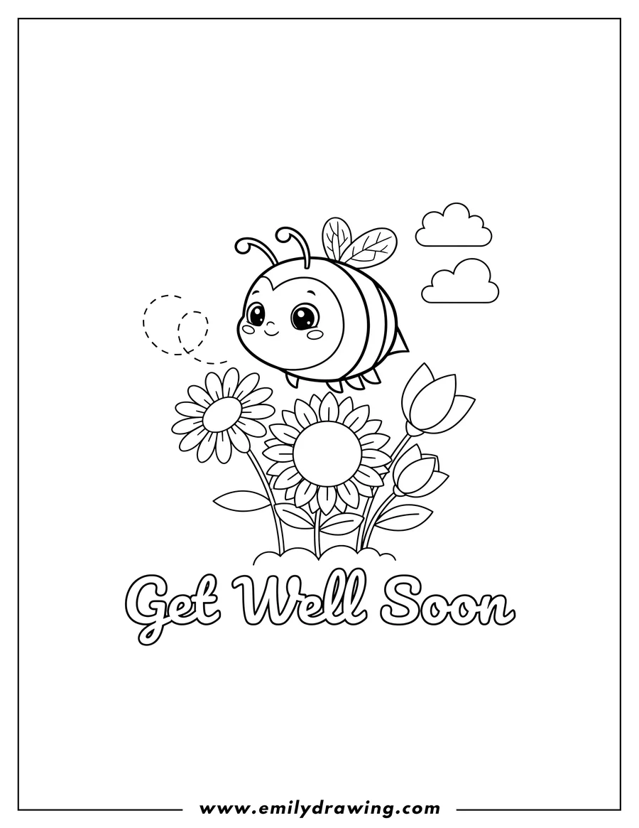 Outline drawing of cute Bumblebee And Flowers Get Well Soon with the words 'Get Well Soon' in script, a bee flying on a dashed path, and outline clouds
