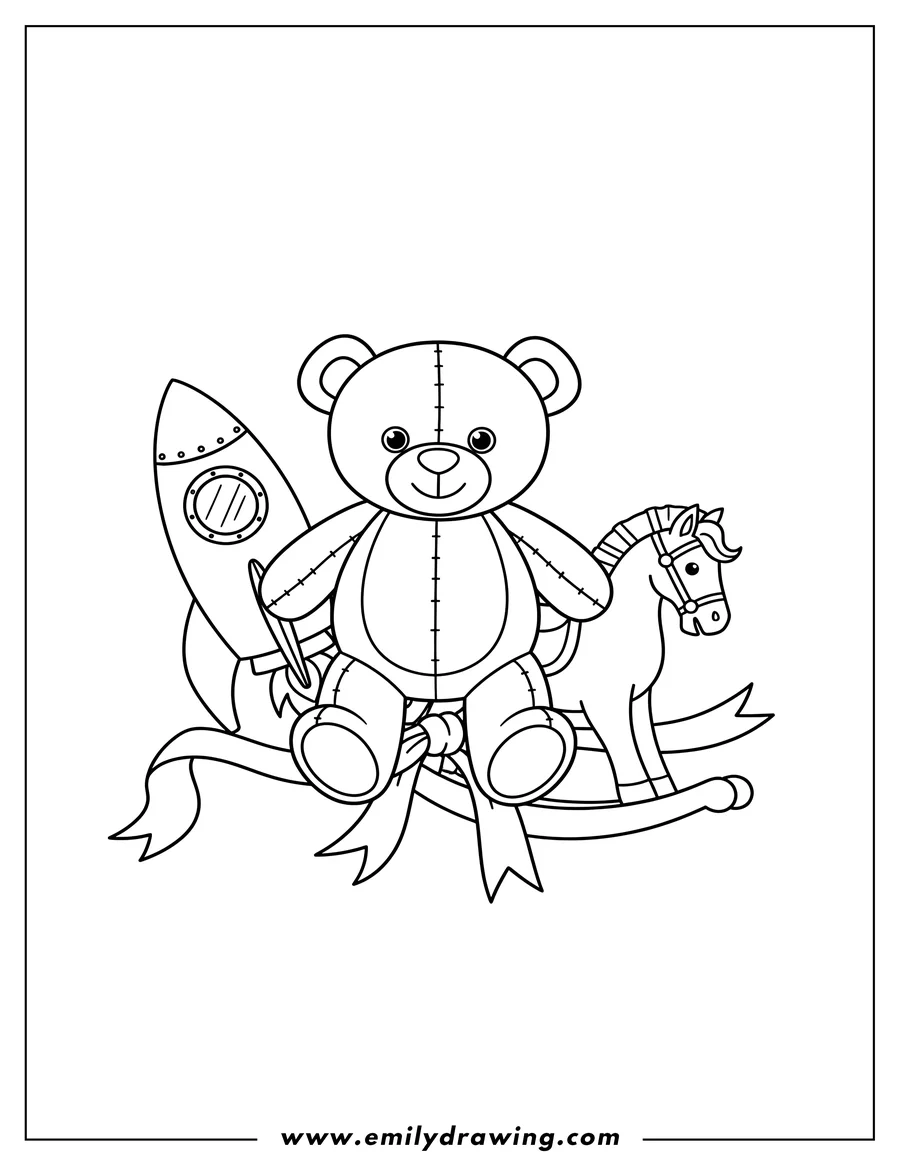 Free printable coloring sheet of bundle Toys with a teddy bear, rocket, and rocking horse