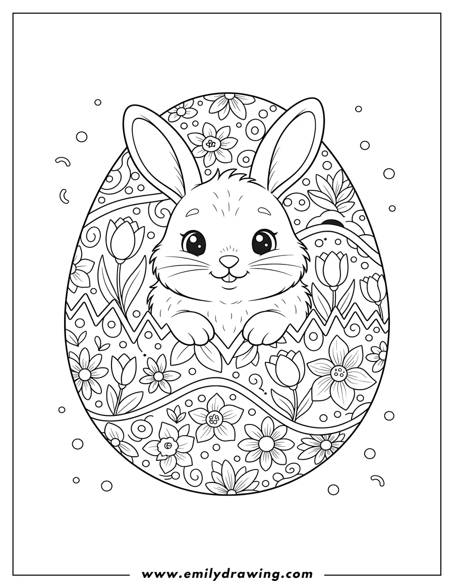 Vector style outline of cute bunny inside an Easter egg decorated with flowers