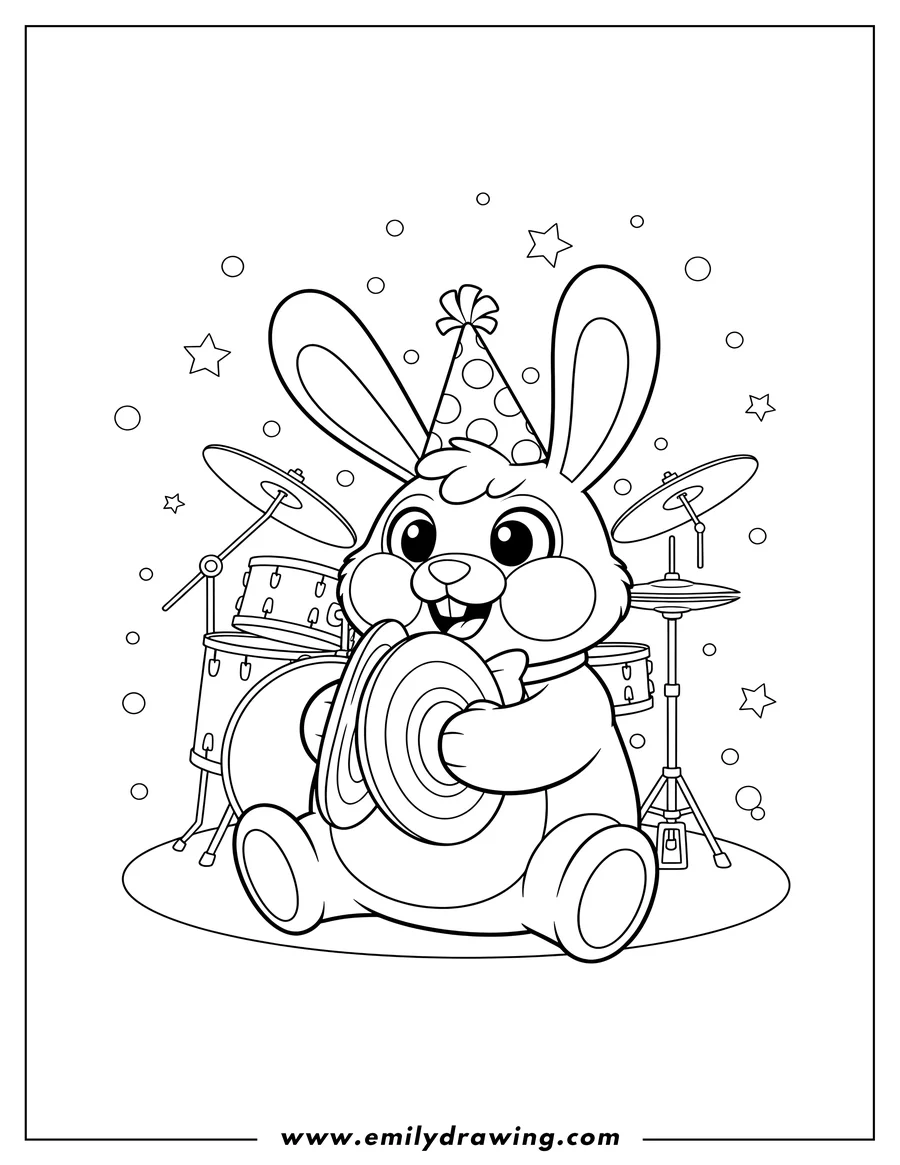 Linear illustration of bunzo Bunny playing cymbals, wearing a party hat
