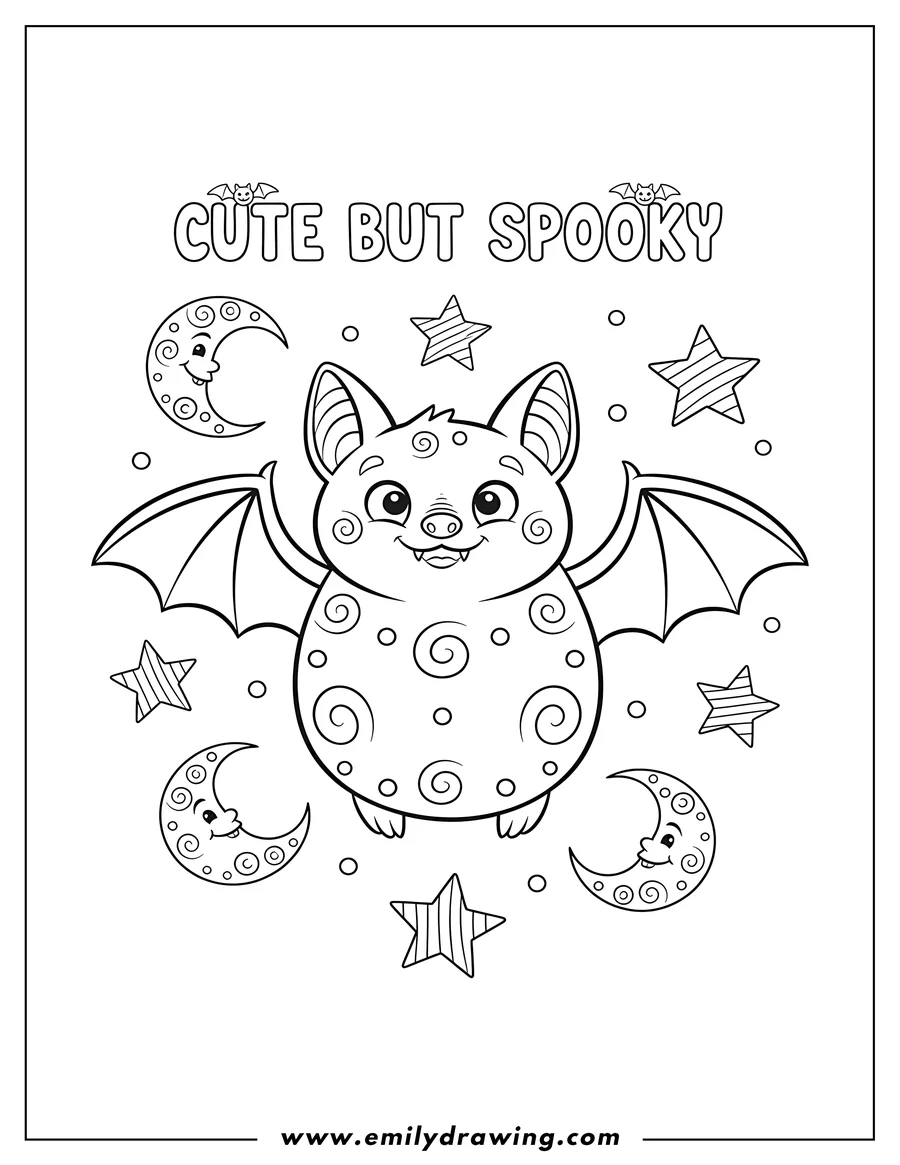 Full page coloring image of A cute but spooky bat with outstretched wings, surrounded by stars and crescent moons, and the phrase 'CUTE BUT SPOOKY' written above it