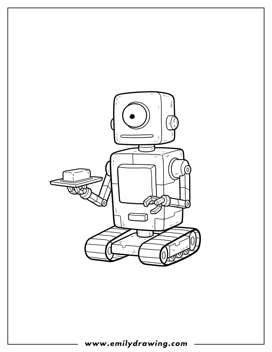 Printable coloring page of butter Passing Robot From Rick And Morty, a blocky robot with a round eye, standing on tank treads