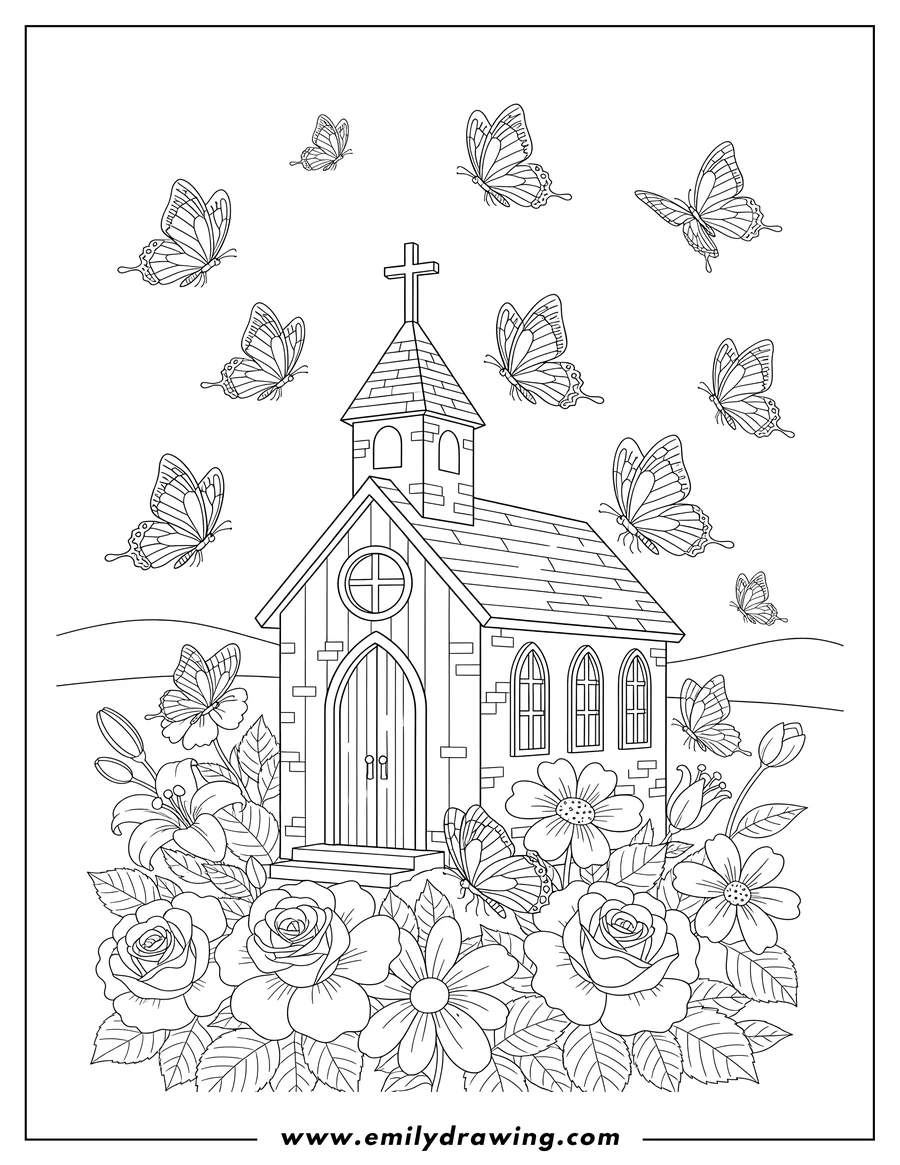 Doodle style coloring picture of butterflies flying and resting on flowers around a church with a cross