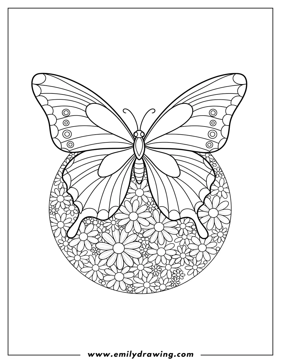Linear illustration of butterfly with spread wings on a daisy-like flower mosaic