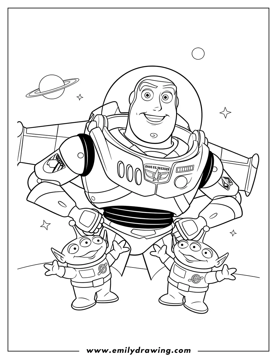 Coloring page for kids: buzz Lightyear smiling, with two uniformed aliens looking up at him