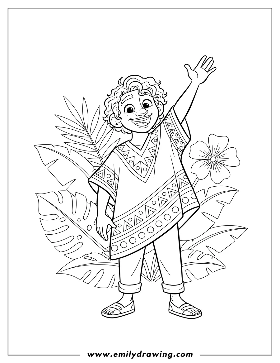 Doodle style coloring picture of camilo Madrigal smiling with one arm raised