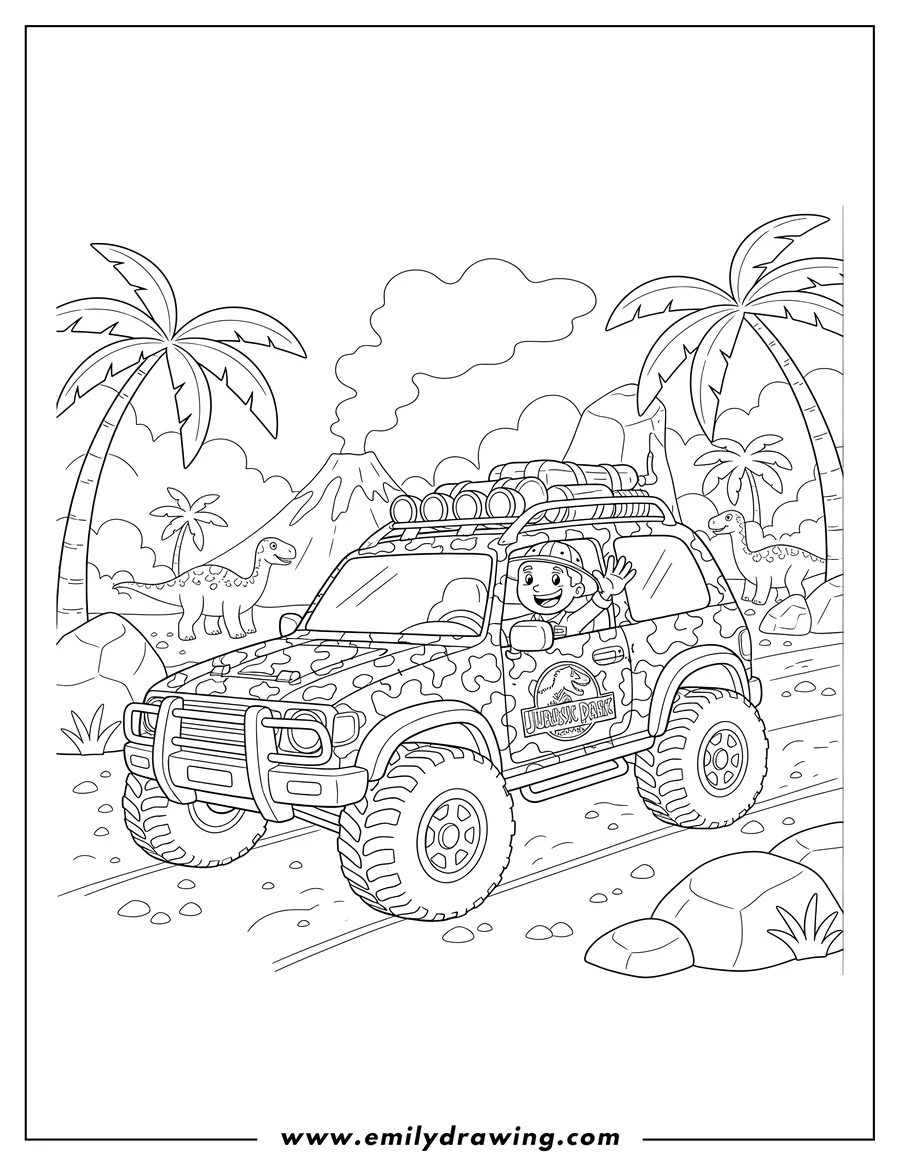 Coloring page of jurassic Park camouflage car driving with a driver