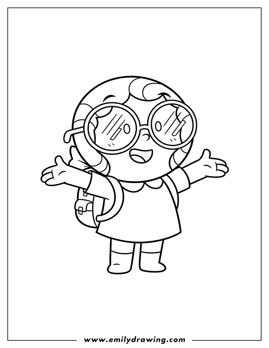 Downloadable coloring page of easy Candy Chiu Outline smiling, wearing glasses and a backpack