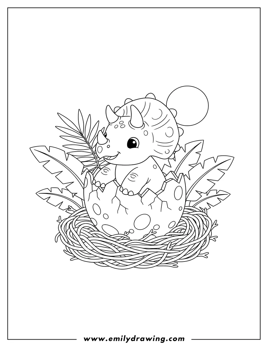 Coloring sheet featuring cute cartoon baby Triceratops hatching from a cracked dinosaur egg in a nest