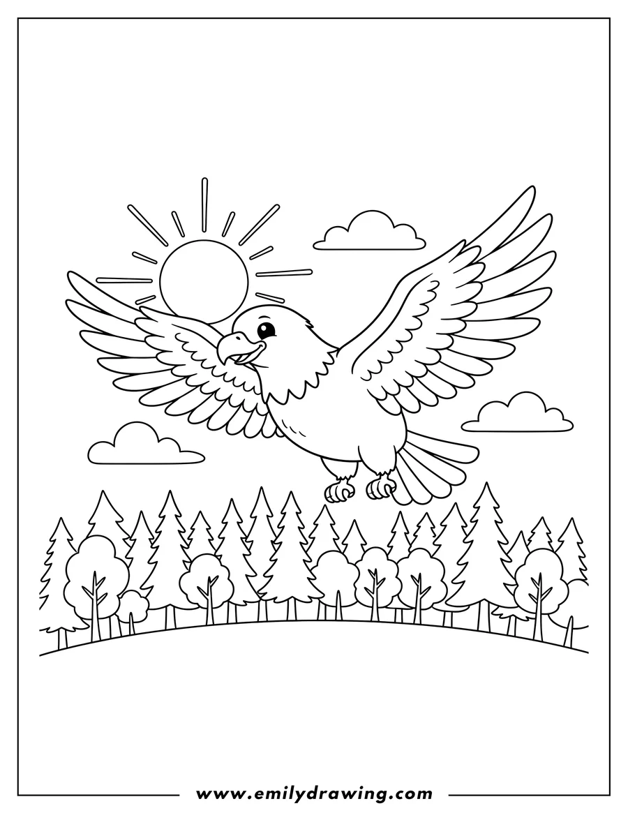 Outline drawing of cute Cartoon Bald Eagle Flying with Outstretched Wings Over Forest