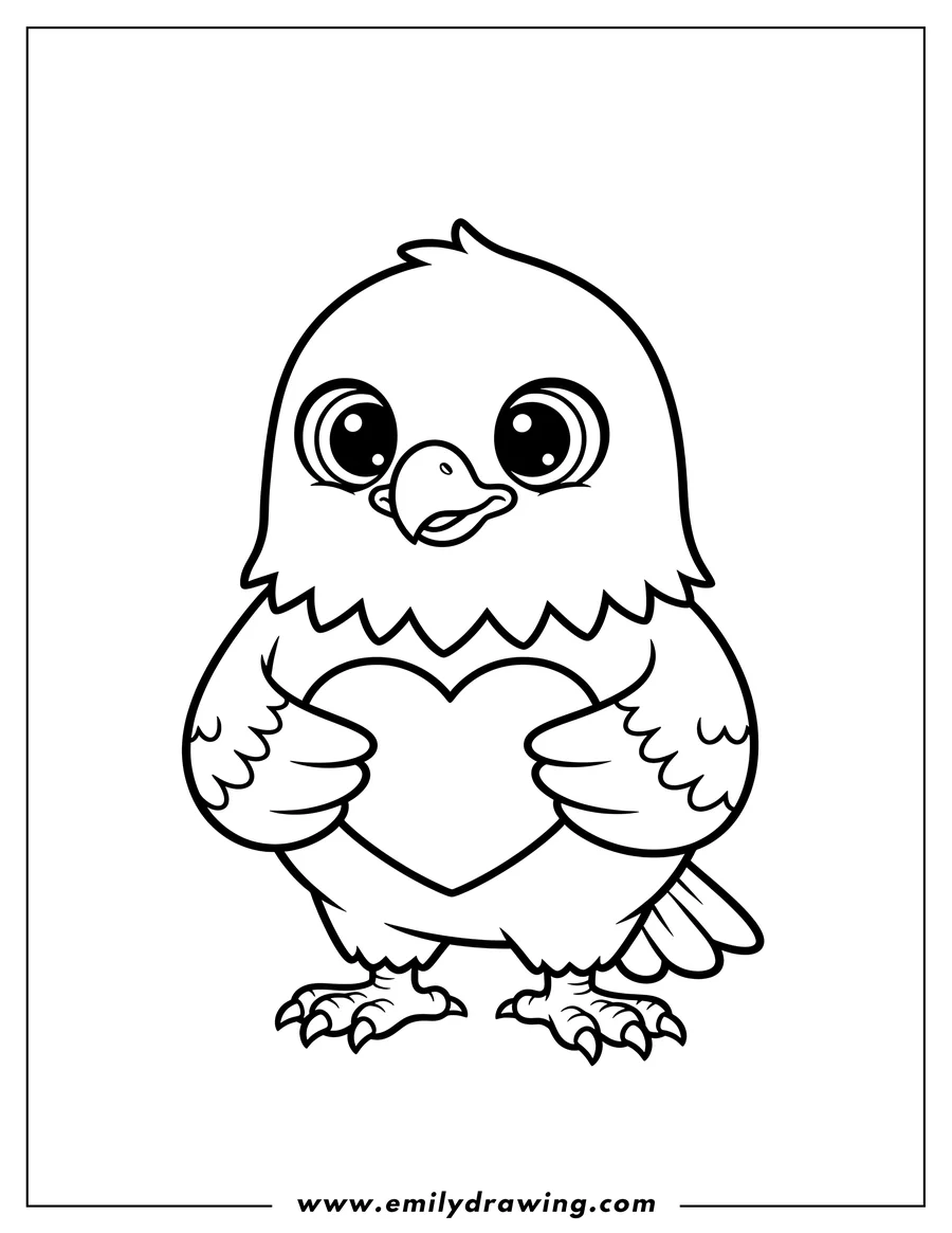 Clean line drawing: cute cartoon Bald Eagle with big eyes, standing and holding a love heart, coloring page for preschoolers