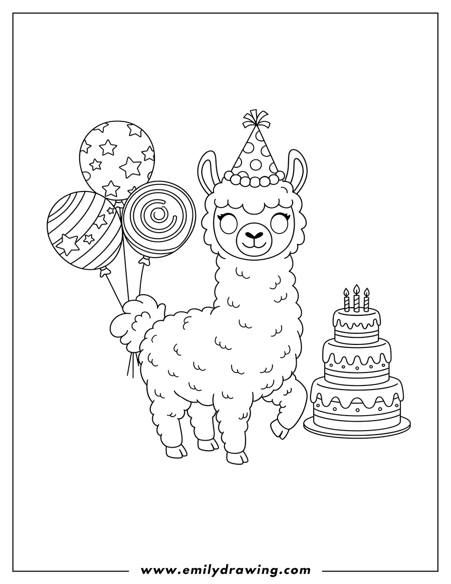 Outline drawing of cute cartoon birthday llama wearing a party hat, standing with balloons and cakes