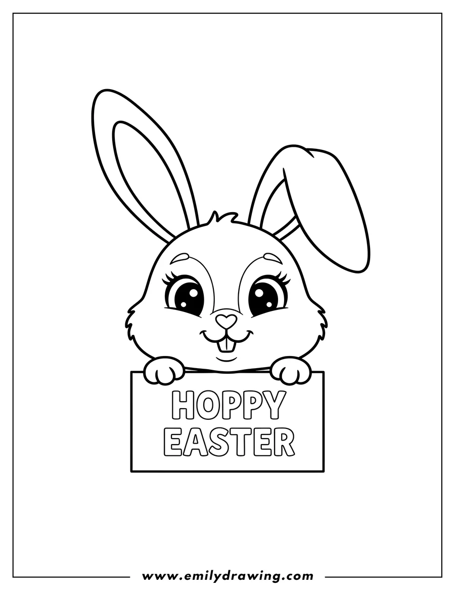 Full page coloring image of cute cartoon bunny face with big ears holding a Hoppy Easter sign with its front paws