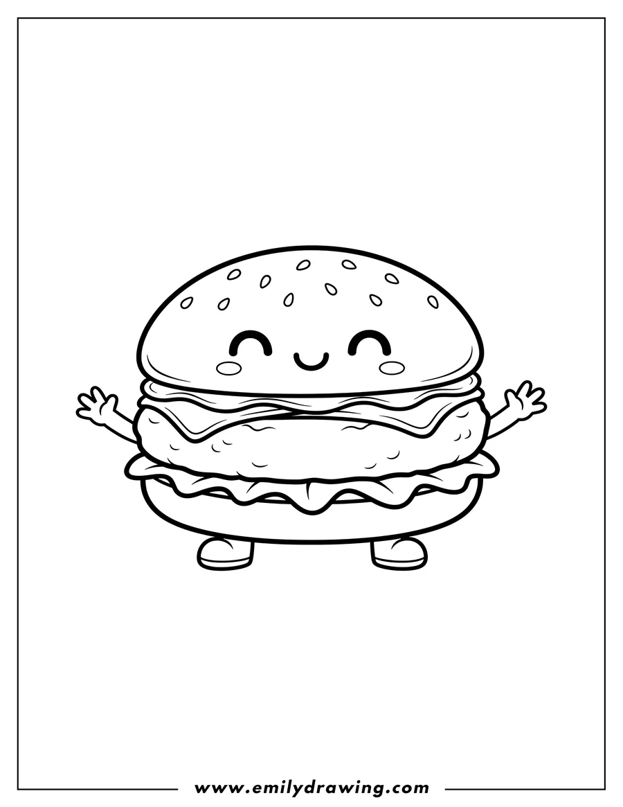 Full page coloring image of cute Cartoon Burger Preschoolers with a smiling kawaii face
