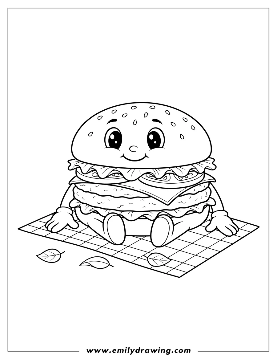 Free to print drawing of cute cartoon burger with a face and hands sitting on a picnic mat
