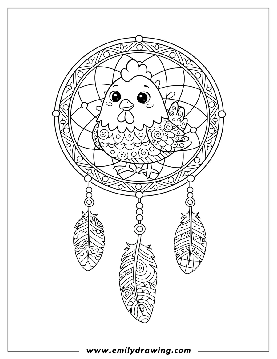 PDF style coloring page: cute cartoon chicken inside a mandala dreamcatcher with patterned feathers