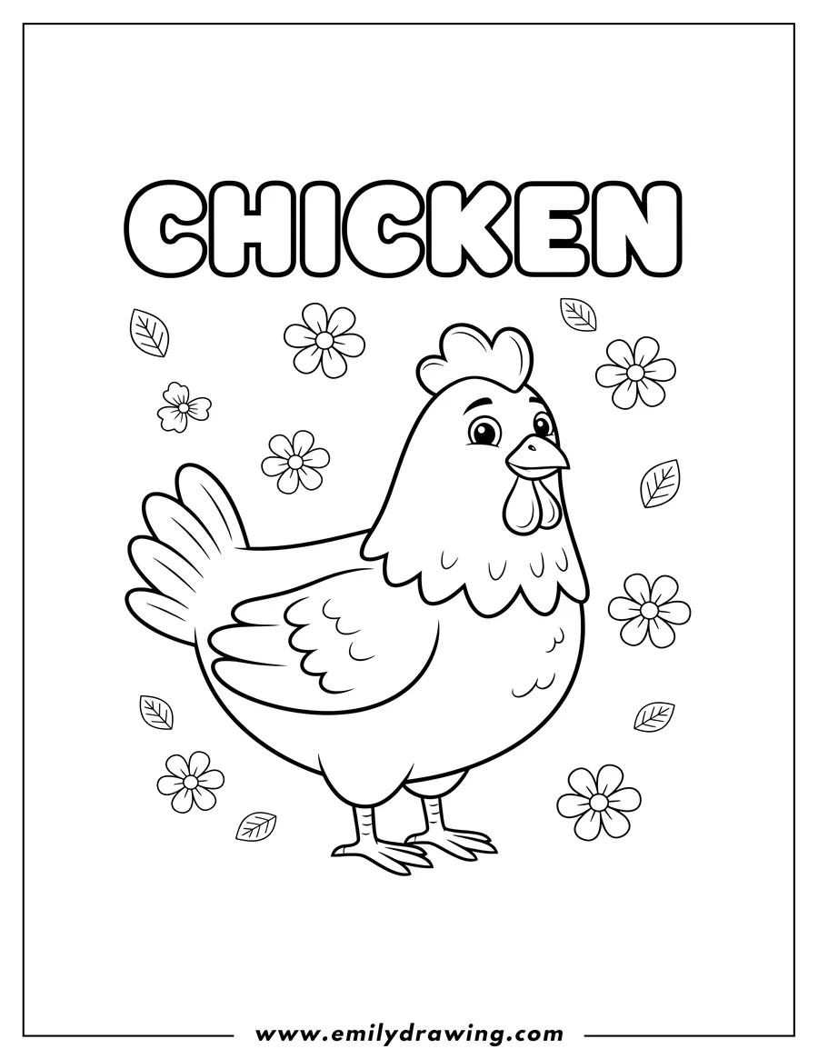Printable line art of cartoon farm chicken facing right, standing under 'CHICKEN' text, with blossoms around
