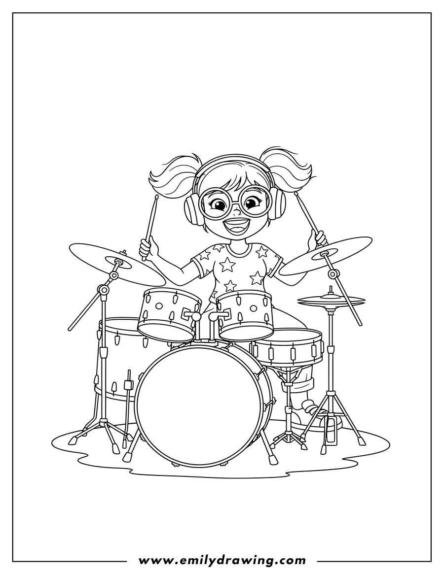 Free printable coloring sheet of cartoon Female Drummer playing drums, wearing headphones and glasses