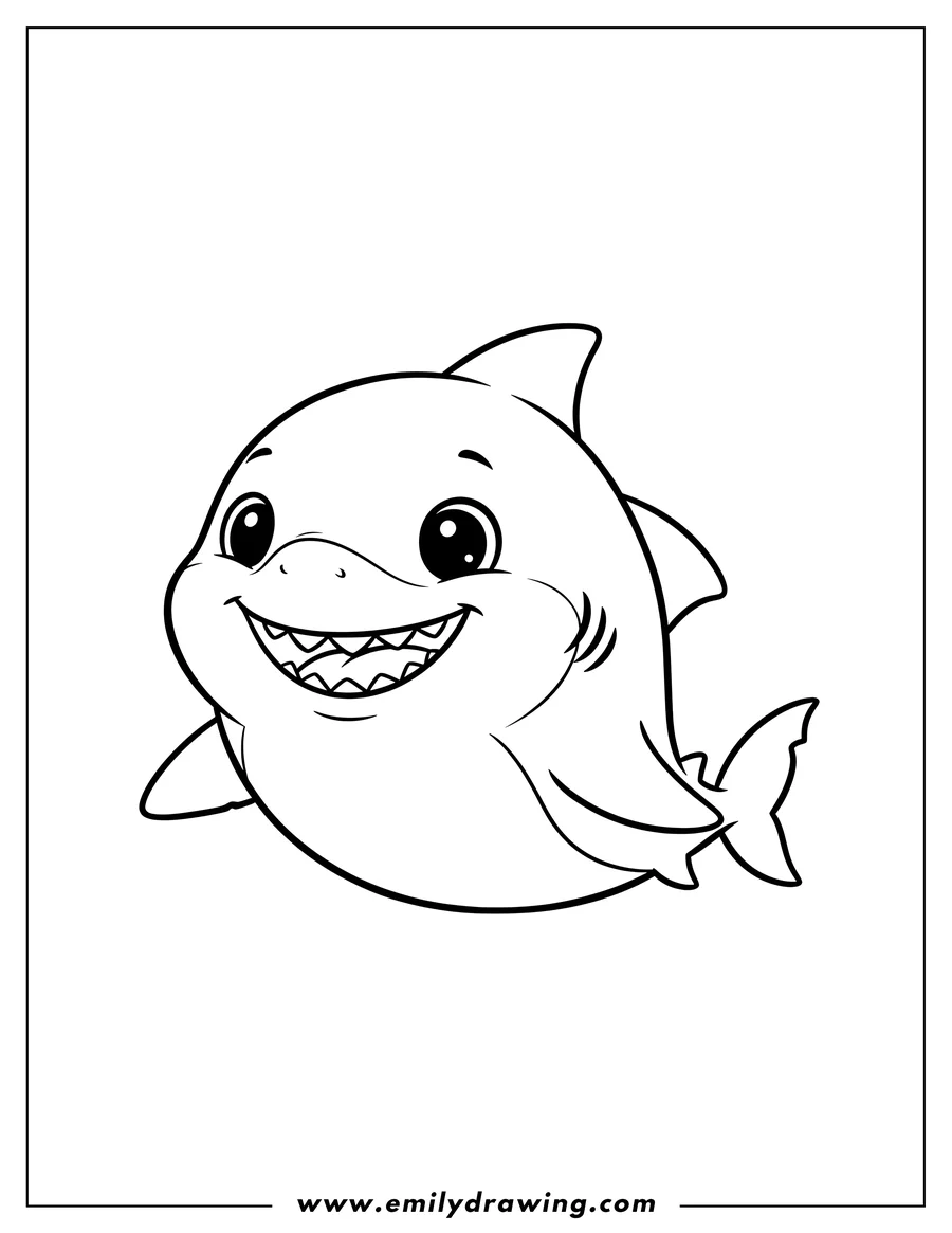 Clean line drawing: cute cartoon Finny Baby Shark smiling with big eyes