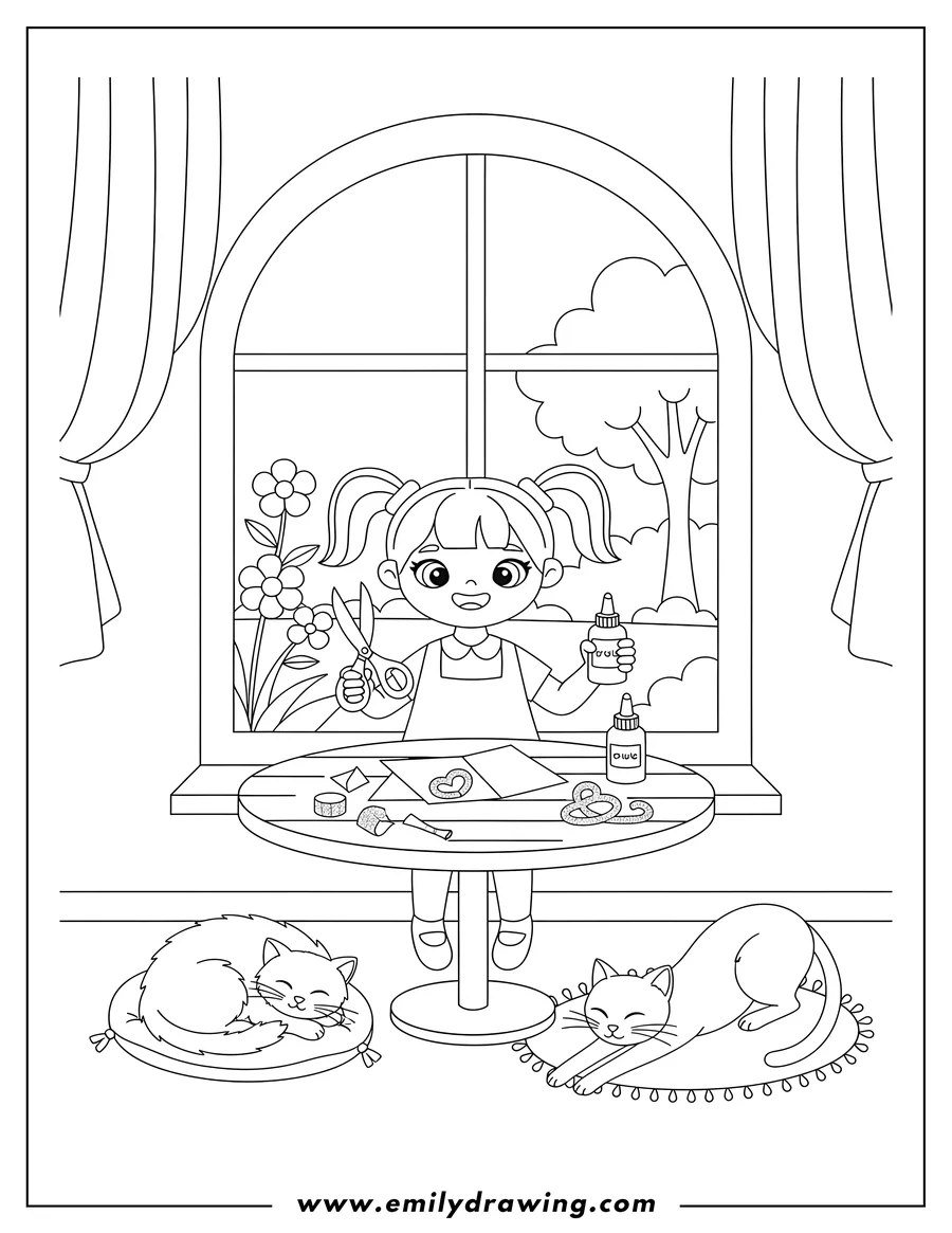 Clean line drawing: cartoon Girl crafting at a table with scissors and glue, with two cats resting nearby, in a cozy nook next to a window