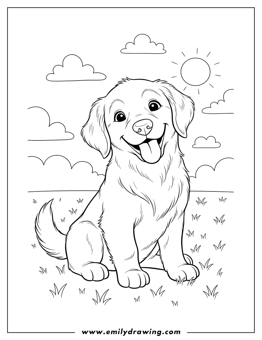 Linear illustration of cartoon Golden Retriever Puppy sitting and smiling with its tongue out