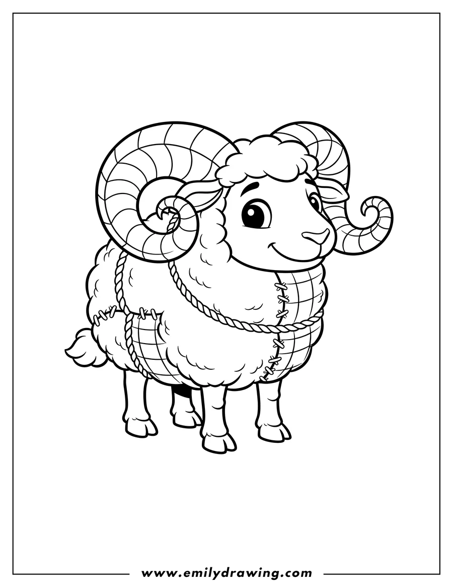 Coloring page of cartoon-style Detailed Haggis Sheep standing with curly horns