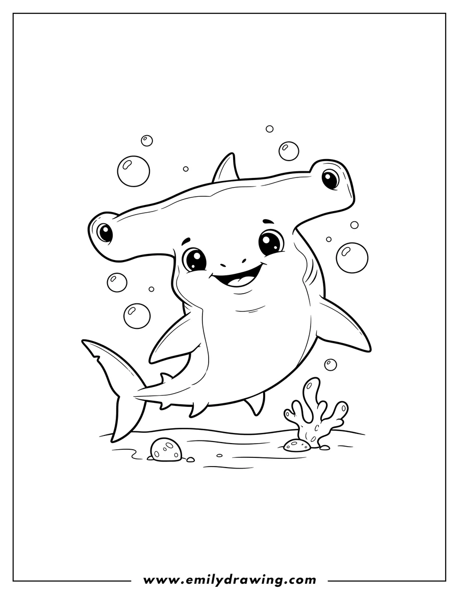 Clean line drawing: cute Cartoon Hammerhead Shark swimming