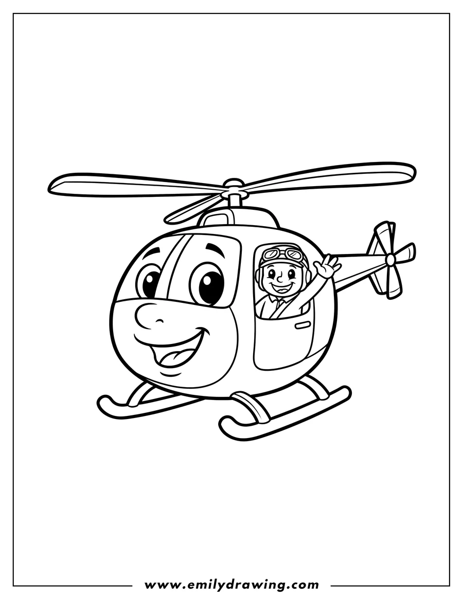 Printable coloring page of cute cartoon helicopter with a smiling face and a pilot waving