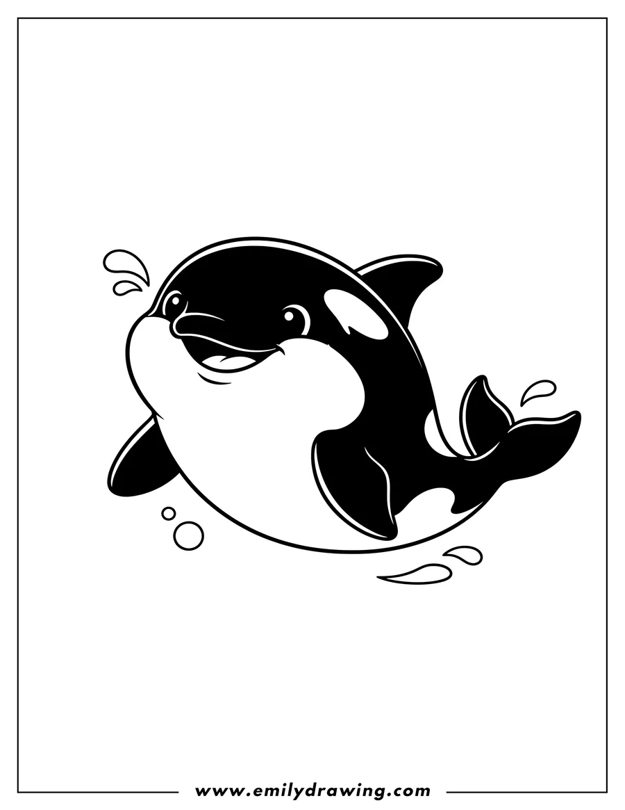 Full page coloring image of cute cartoon-style killer whale with a friendly expression, outline drawing for preschoolers