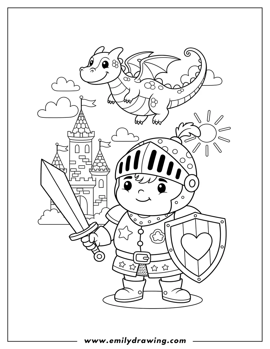 Coloring sheet featuring cute Cartoon Knight standing with sword and shield, dragon flying above, and castle. Preschoolers